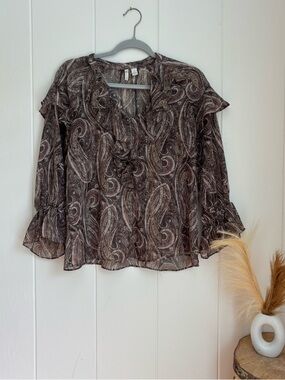 Cato Brown Paisley Ruffle Neck Blouse